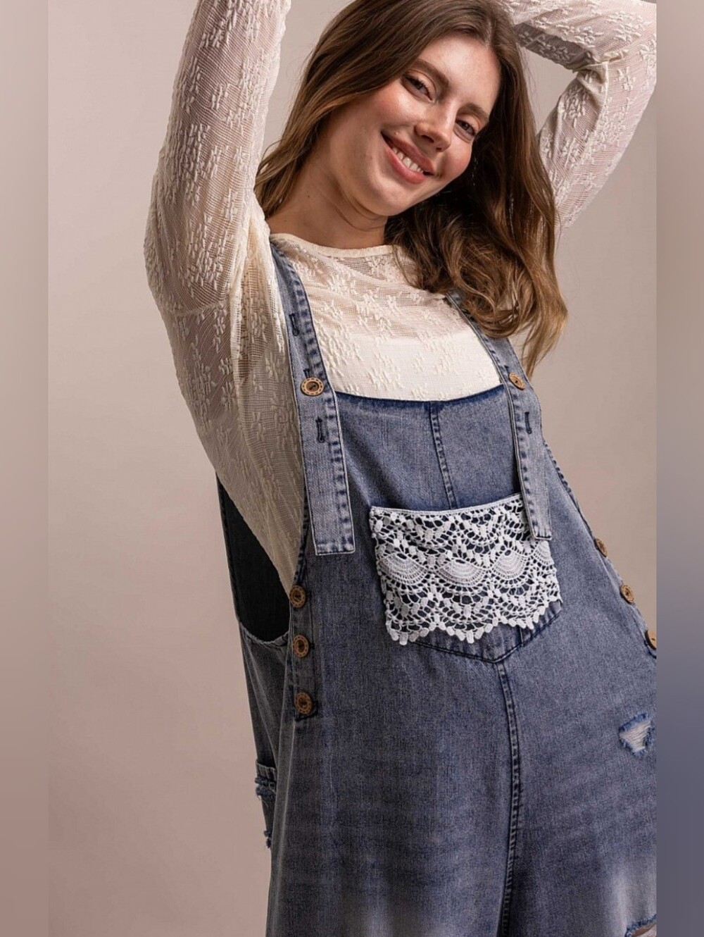 #1766 Blue Velvet Vintage Lace Ruffle Denim Overalls